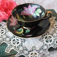 Vintage Tea Cup Black Pink Floral Bird Occupied Japan Mid Century Tea Gift Steampunk Victorian Downton Cottage Shabby Chic WhenRosesBloom