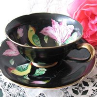 Vintage Tea Cup Black Pink Floral Bird Occupied Japan Mid Century Tea Gift Steampunk Victorian Downton Cottage Shabby Chic WhenRosesBloom