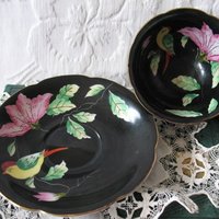 Vintage Tea Cup Black Pink Floral Bird Occupied Japan Mid Century Tea Gift Steampunk Victorian Downton Cottage Shabby Chic WhenRosesBloom