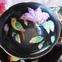 Vintage Tea Cup Black Pink Floral Bird Occupied Japan Mid Century Tea Gift Steampunk Victorian Downton Cottage Shabby Chic WhenRosesBloom