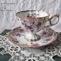 Teacup Footed Pink Chintz Roses Trimont Japan Vintage Elegant Mid Century Tea Gift Victoria Downton Tea Cottage Shabby Chic WhenRosesBloom