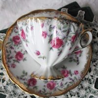 Teacup Footed Pink Chintz Roses Trimont Japan Vintage Elegant Mid Century Tea Gift Victoria Downton Tea Cottage Shabby Chic WhenRosesBloom