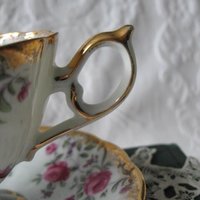 Teacup Footed Pink Chintz Roses Trimont Japan Vintage Elegant Mid Century Tea Gift Victoria Downton Tea Cottage Shabby Chic WhenRosesBloom