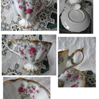 Teacup Footed Pink Chintz Roses Trimont Japan Vintage Elegant Mid Century Tea Gift Victoria Downton Tea Cottage Shabby Chic WhenRosesBloom