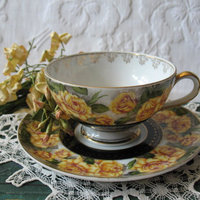 Vintage Teacup Footed Yellow Roses Black Gold Japan Mid Century TeaTime Gift Downton Abbey Tea Farmhouse Cottage Shabby Chic WhenRosesBloom