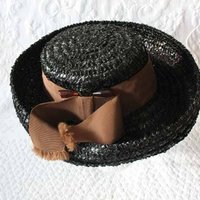 Vintage Black Hat Summer Straw Mid Century Retro Party Tea Party Garden Party That Girl  60s Style Retro English Breton WhenRosesBloom