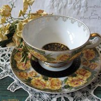 Vintage Teacup Footed Yellow Roses Black Gold Japan Mid Century TeaTime Gift Downton Abbey Tea Farmhouse Cottage Shabby Chic WhenRosesBloom