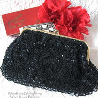 Black Beaded Purse Evening Purse Vintage Mid Century Retro Classic  Glamour Dance Cocktail Party Steampunk WhenRosesBloom