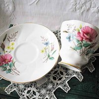 Tea Cup Pink Blue Flower English Bone China Vintage Retro Tea Gift Dainty Mid Century Cottage Farmhouse Shabby Chic WhenRosesBloom