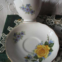Vintage Tea Cup Yellow Roses English Bone China Retro Classic TeaTime Gift Mid Century Shabby Chic Downton Abbey Style WhenRosesBloom
