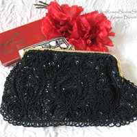 Black Beaded Purse Evening Purse Vintage Mid Century Retro Classic  Glamour Dance Cocktail Party Steampunk WhenRosesBloom