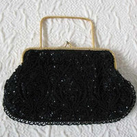 Black Beaded Purse Evening Purse Vintage Mid Century Retro Classic  Glamour Dance Cocktail Party Steampunk WhenRosesBloom