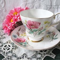 Tea Cup Pink Blue Flower English Bone China Vintage Retro Tea Gift Dainty Mid Century Cottage Farmhouse Shabby Chic WhenRosesBloom