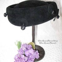 Vintage Hat Black Pill Box Bell Hop Elegant Mid Century 1950s Velvet hat Steampunk Fascinator Kate Middleton Style  Hat  WhenRosesBloom