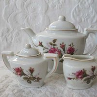 Child Moss Rose Toy Tea set Tea Pot china dishes Japan Vintage Doll Toy Tea Time Mid Century Gift Cottage Shabby Chic WhenRosesBloom