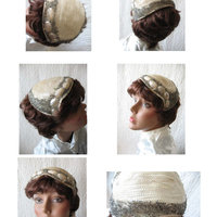 Vintage Hat 1920s Wedding Bridal Headpiece Fascinator Tea Party Cocktail  Gatsby Cosplay White Silver Beadwork Art Deco When Roses Bloom