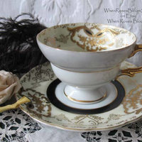 Vintage Tea Cup Footed Black Gold Japan Royal Sealy Downton Elegant Steampunk Cosplay Gentlemens  Tea Birthday Shower Gift WhenRosesBloom