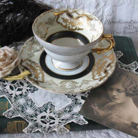 Vintage Tea Cup Footed Black Gold Japan Royal Sealy Downton Elegant Steampunk Cosplay Gentlemens  Tea Birthday Shower Gift WhenRosesBloom