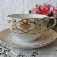 Tea Cup & Saucer Japan Gold Tea For Two Downton Tea Cottage Farmhouse Shabby Chic Mid Century Tea Style Gold Creme floral WhenRosesBloom