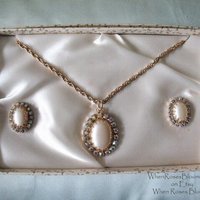 Vintage Rhinestone Necklace Earrings Pearl Gold Tone 1950s Mid Century Wedding Retro Jewelry Downton Abbey J Austen Cosplay WhenRosesBloom