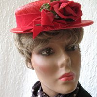Vintage Hat Red Straw Rose Quaint Style Classic Topper Sailor Tailored Elegant Tea Cosplay Hat Downton Abbey Style  WhenRosesBloom