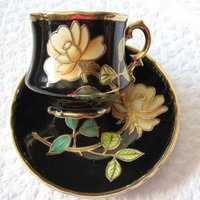 Vintage Tea Cup Black Yellow Rose Footed Japan Tea Gift Steampunk Cosplay Gentleman Tea  Victoria Downton Cottage Shabby Chic WhenRosesBloom