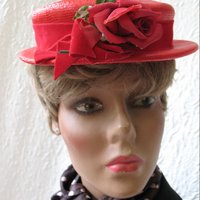 Vintage Hat Red Straw Rose Quaint Style Classic Topper Sailor Tailored Elegant Tea Cosplay Hat Downton Abbey Style  WhenRosesBloom