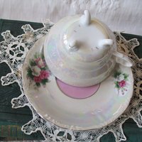 Vintage Tea Cup Footed Pink Roses MOP Pearl Made in Japan Retro Tea Party Gift Mid Century Cottage Shabby Chic Farmhouse   WhenRosesBloom