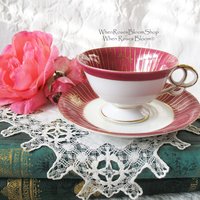 Tea Cup Pink Red Floral Roses Footed Japan Vintage Retro Tea Time Gift Mid Century Shabby Chic Afternoon Tea Party  WhenRosesBloom
