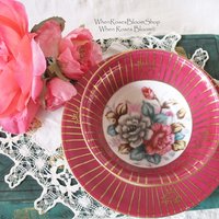 Tea Cup Pink Red Floral Roses Footed Japan Vintage Retro Tea Time Gift Mid Century Shabby Chic Afternoon Tea Party  WhenRosesBloom