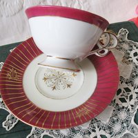 Tea Cup Pink Red Floral Roses Footed Japan Vintage Retro Tea Time Gift Mid Century Shabby Chic Afternoon Tea Party  WhenRosesBloom
