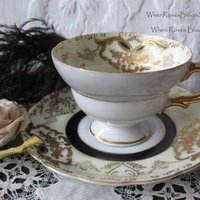 Vintage Tea Cup Footed Black Gold Japan Royal Sealy Downton Elegant Steampunk Cosplay Gentlemens  Tea Birthday Shower Gift WhenRosesBloom
