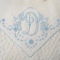 Vintage Madeira Hanky D Initial Monogram Something Old Blue Wedding Keepsake Gift Heirloom Handkerchief Free Ship  US WhenRosesBloom