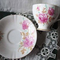Tea Cup Pink Roses English Bone China Vintage Retro Tea Gift Mid Century Shabby Chic Farmhouse Jane Austen Downton Abbey WhenRosesBloom