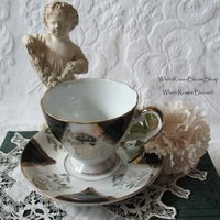 Vintage Tea Cup Footed Black Gold Japan Downton Elegant Steampunk Gentlemen's Tea Retro Man's Woman's Birthday Shower Gift WhenRosesBloom
