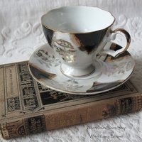 Vintage Tea Cup Footed Black Gold Japan Downton Elegant Steampunk Gentlemen's Tea Retro Man's Woman's Birthday Shower Gift WhenRosesBloom