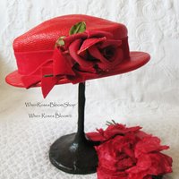 Vintage Hat Red Straw Rose Quaint Style Classic Topper Sailor Tailored Elegant Tea Cosplay Hat Downton Abbey Style  WhenRosesBloom