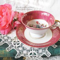 Tea Cup Pink Red Floral Roses Footed Japan Vintage Retro Tea Time Gift Mid Century Shabby Chic Afternoon Tea Party  WhenRosesBloom