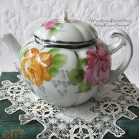 Vintage Tea Pot Nippon China Japan Pink & Yellow Roses Retro  Tea Gift  Farmhouse Cottage Shabby Chic Downton Classic Tea WhenRosesBloom