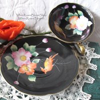 Vintage Tea Cup Black Floral Bird Motif  Made in Japan Tea Time Gift Cottage Shabby Chic  Downton Austen Steampunk Cosplay WhenRosesBloom