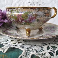 Vintage Footed Tea Cup Violets Japan Mid Century Retro Dainty Tea Time Gift Victoria Downton Tea Elegant Farm Shabby Chic  WhenRosesBloom