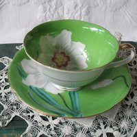 Vintage Footed Tea Cup Green White Floral Lily Japan Mid Century Modern Retro Tea Time Shabby Chic Cottage Farmhouse Tea Gift WhenRosesBloom