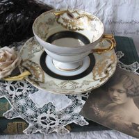Vintage Tea Cup Footed Black Gold Japan Royal Sealy Downton Elegant Steampunk Cosplay Gentlemens  Tea Birthday Shower Gift WhenRosesBloom