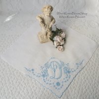 Vintage Madeira Hanky D Initial Monogram Something Old Blue Wedding Keepsake Gift Heirloom Handkerchief Free Ship  US WhenRosesBloom