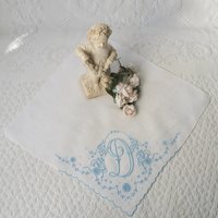 Vintage Madeira Hanky D Initial Monogram Something Old Blue Wedding Keepsake Gift Heirloom Handkerchief Free Ship  US WhenRosesBloom