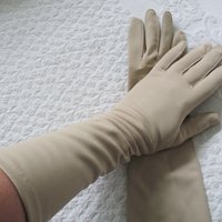 Vintage Gloves Beige Vegan Fabric Sz 6 1/2 Matinee Length Elegant Classic Mid Century Mod  Cocktail Party Style  Free Ship US WhenRosesBloom