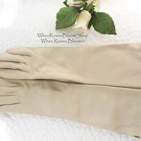Vintage Gloves Beige Vegan Fabric Sz 6 1/2 Matinee Length Elegant Classic Mid Century Mod  Cocktail Party Style  Free Ship US WhenRosesBloom