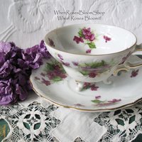 Vintage Footed Tea Cup Violets Japan Lefton Mid Century Retro Tea Time Birthday Gift Cottage Farmhouse Shabby Chic Style WhenRosesBloom