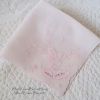 Vintage Pink Hanky Madeira Floral Wedding Keepsake Remembrance Heirloom Embroidery Applique Linen Free Ship  US  WhenRosesBloom