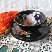Vintage Tea Cup Black Floral Bird Motif  Made in Japan Tea Time Gift Cottage Shabby Chic  Downton Austen Steampunk Cosplay WhenRosesBloom